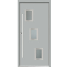 Graue Haustür mit drei versetzten rechteckigen Lichtausschnitten und langem Edelstahl-Stangengriff.
