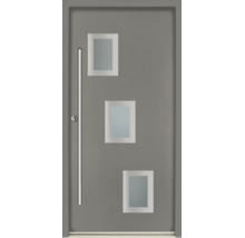Moderne graue Haustür mit drei versetzten rechteckigen Lichtausschnitten und langem Edelstahlstangengriff.