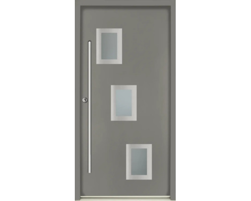 Moderne graue Haustür mit drei versetzten rechteckigen Lichtausschnitten und langem Edelstahlstangengriff.
