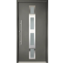 Haustür in Anthrazit mit senkrechtem Lichtausschnitt und Stangengriff aus Edelstahl.
