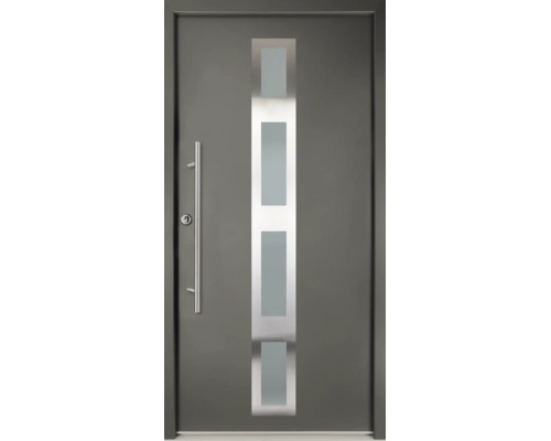 Haustür in Anthrazit mit senkrechtem Lichtausschnitt und Stangengriff aus Edelstahl.