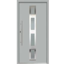 Graue Haustür mit vier vertikalen Lichtausschnitten aus Glas und langem Stoßgriff aus Edelstahl.