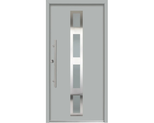 Graue Haustür mit vier vertikalen Lichtausschnitten aus Glas und langem Stoßgriff aus Edelstahl.