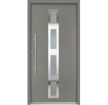 Graue moderne Haustür mit vertikalem Lichtausschnitt, vier Glaseinsätzen und Edelstahl-Stangengriff.