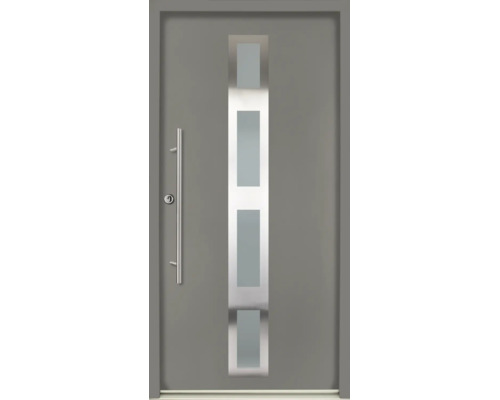Graue moderne Haustür mit vertikalem Lichtausschnitt, vier Glaseinsätzen und Edelstahl-Stangengriff.