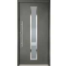 Graue Haustür mit vertikalem Lichtausschnitt aus Glas und Stangengriff aus Edelstahl.