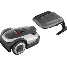 Roborock Mähroboter in Silber und Schwarz mit Ladestation und Abdeckung, kompaktes Design mit Profilrädern und integriertem Bedienfeld.