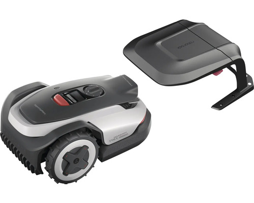 Roborock Mähroboter in Silber und Schwarz mit Ladestation und Abdeckung, kompaktes Design mit Profilrädern und integriertem Bedienfeld.