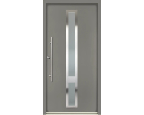 Graue Haustür mit vertikalem Lichtausschnitt, Edelstahlrahmen und langem Stangenhandgriff.