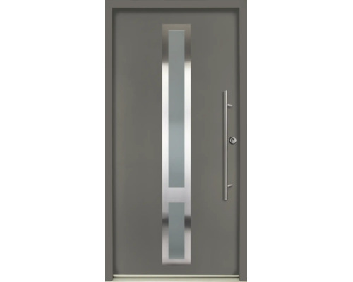 Moderne Haustür in Anthrazit mit vertikalem Lichtausschnitt, Edelstahldekor und langem Stangengriff.