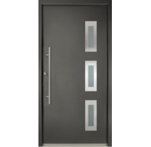 Haustür in Anthrazit mit drei rechteckigen Glasausschnitten und langem vertikalem Stangengriff aus Edelstahl.