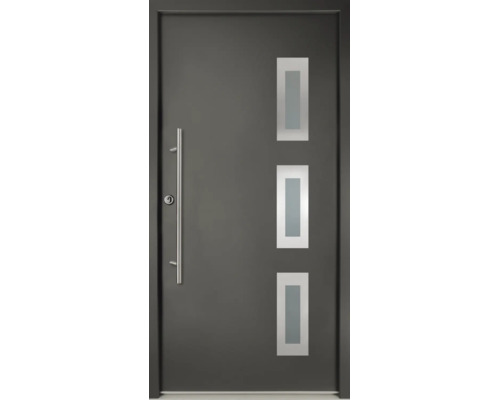 Haustür in Anthrazit mit drei rechteckigen Glasausschnitten und langem vertikalem Stangengriff aus Edelstahl.