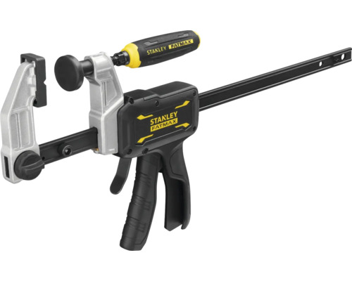 Stanley FatMax Einhandzwinge mit Pistolengriff, Stahlschiene und Schraubgriff für präzises Spannen und Spreizen.