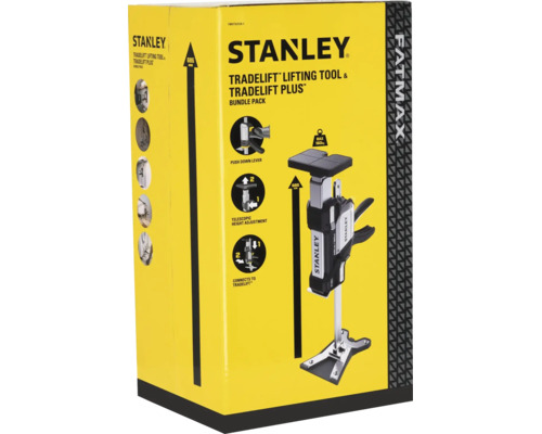 Stanley TradeLift und TradeLift Plus Set. Hebewerkzeug mit einer Hubhöhe von 685 Millimetern und einer Tragkraft von 150 Kilogramm. Stanley Logo.