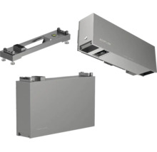 Modulares EcoFlow Energiespeichersystem bestehend aus einem Batteriemodul, einer Steuereinheit mit EcoFlow Logo und einem Montagesockel.