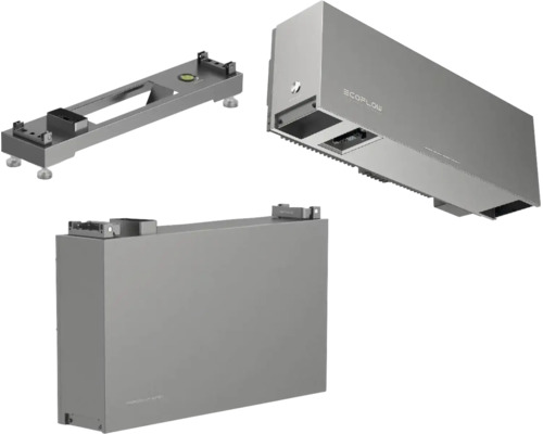 Modulares EcoFlow Energiespeichersystem bestehend aus einem Batteriemodul, einer Steuereinheit mit EcoFlow Logo und einem Montagesockel.