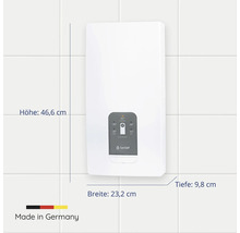 Elektronischer Durchlauferhitzer SaniSelf: Höhe 46,6 Zentimeter, Breite 23,2 Zentimeter, Tiefe 9,8 Zentimeter. Hergestellt in Deutschland.