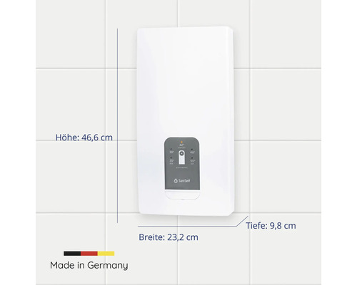 Elektronischer Durchlauferhitzer SaniSelf: Höhe 46,6 Zentimeter, Breite 23,2 Zentimeter, Tiefe 9,8 Zentimeter. Hergestellt in Deutschland.