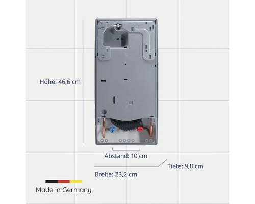 Durchlauferhitzer: Höhe 46,6 Zentimeter, Breite 23,2 Zentimeter, Tiefe 9,8 Zentimeter, Abstand 10 Zentimeter. Hergestellt in Deutschland.