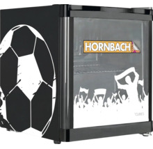 Mini-Kühlschrank mit Fußball-Motiv, Glasfront mit Fan-Grafik und Hornbach Logo.