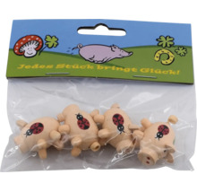 Vier kleine Holzschweinchen mit Marienkäfermotiv in transparenter Kunststoffverpackung mit Glücksbringeraufdruck.