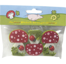 Set mit drei Filzdekorationen in Pilzform mit Marienkäfern und Kleeblättern in einer Kunststoffverpackung mit Glückssymbolen.