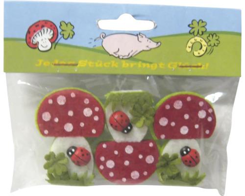 Set mit drei Filzdekorationen in Pilzform mit Marienkäfern und Kleeblättern in einer Kunststoffverpackung mit Glückssymbolen.