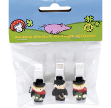 Set mit drei Schornsteinfeger Dekoklammern in einer Verpackung mit der Aufschrift Jedes Stück bringt Glück.
