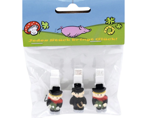 Set mit drei Schornsteinfeger Dekoklammern in einer Verpackung mit der Aufschrift Jedes Stück bringt Glück.