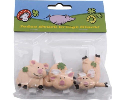 Set mit drei dekorativen Schweinchen Wäscheklammern aus Kunststoff in einer Kunststoffverpackung
