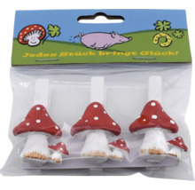 Drei Holzklammern mit Fliegenpilz Motiv in einer Kunststoffverpackung als Dekoration oder Bastelzubehör.