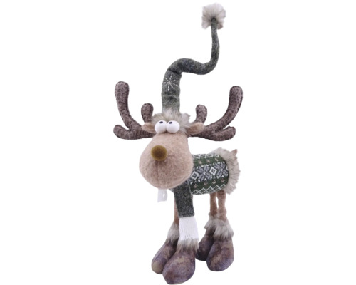 Weihnachtsdekoration Rentier aus grauem Filz mit grünem gemustertem Pullover, langer Mütze und Kunstfellbesatz.