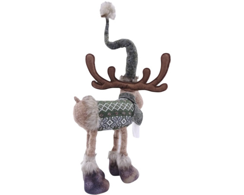 Dekorative Rentierfigur aus Stoff mit gemustertem Pullover, Schal und Geweih.