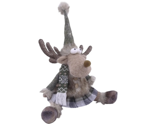 Weihnachtsfigur Rentier aus Plüsch mit Haube, Schal und Geweih, sitzend