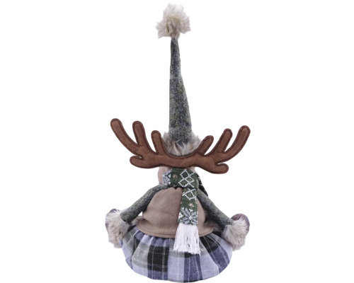 Weihnachtsfigur Rentier aus Stoff mit Geweih, langer Mütze und Schal, Ansicht von hinten.