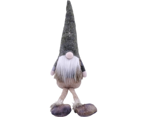 Dekorativer Weihnachtswichtel aus Filz und Stoff mit spitzer Mütze, gestickter Schneeflocke, langem Bart und Schlenkerbeinen mit Stiefeln.