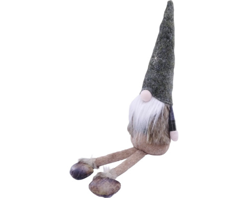Weihnachts-Wichtel aus Filz und Plüsch mit grauer Zipfelmütze, weißem Bart und langen Beinen.