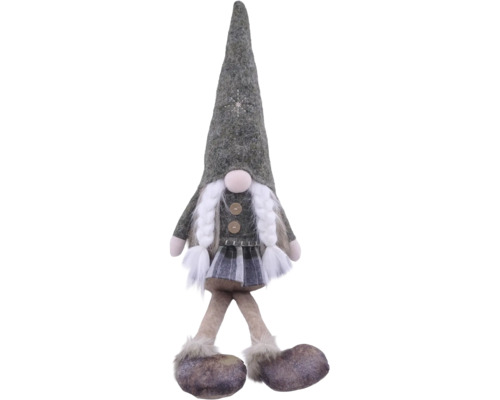 Weihnachtsgnom-Figur mit Zöpfen, spitzem Hut mit Schneeflocken-Stickerei, kariertem Rock und Stiefeln mit Kunstfellbesatz.