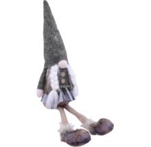 Sitzende Wichtelfigur mit hohem spitzen Hut, geflochtenen Zöpfen und langen Beinen.