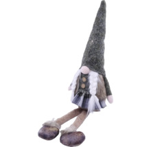 Grauer Weihnachtswichtel mit langer Mütze, weißen Zöpfen, kariertem Rock und langen braunen Beinen aus Filz und Stoff.