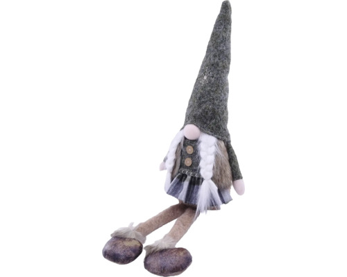 Grauer Weihnachtswichtel mit langer Mütze, weißen Zöpfen, kariertem Rock und langen braunen Beinen aus Filz und Stoff.