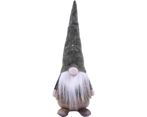 Weihnachtsgnom mit grauem Filzhut, weißem Bart und Schneeflocken-Stickerei.