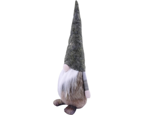 Weihnachtsdekofigur Wichtel mit spitzem Filzhut, langem weißen Bart und Plüschkörper.
