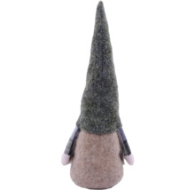 Weihnachts-Wichtel mit grauer Filzmütze und hellbraunem Körper aus Plüsch.