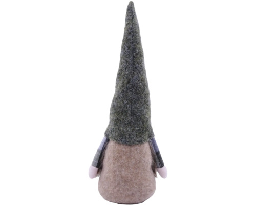 Weihnachts-Wichtel mit grauer Filzmütze und hellbraunem Körper aus Plüsch.