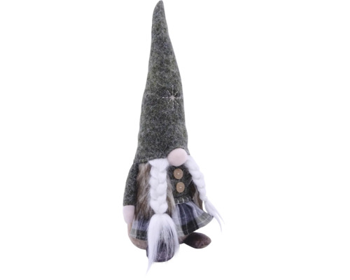 Weihnachtsgnom aus Filz mit Zöpfen, hohem spitzem Hut mit Schneeflocken-Stickerei und kariertem Rock.