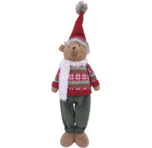Weihnachts-Plüschfigur Bär mit roter Zipfelmütze, gemustertem Strickpullover, weißem Schal und grüner Hose.
