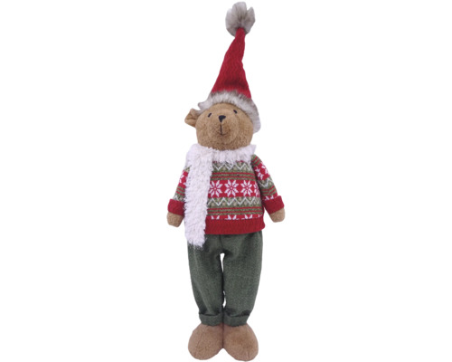 Weihnachts-Plüschfigur Bär mit roter Zipfelmütze, gemustertem Strickpullover, weißem Schal und grüner Hose.