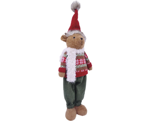 Stehende Dekofigur Bär aus Plüsch mit roter Strickmütze, gemustertem Strickpullover, grüner Hose und weißem flauschigem Schal.
