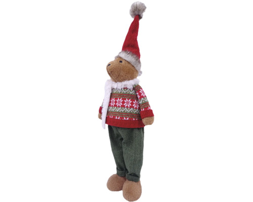 Plüsch-Teddybär in winterlicher Kleidung mit roter Zipfelmütze, gemustertem Pullover und grüner Hose. Weihnachtsdekoration zum Hinstellen.